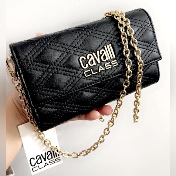 NWT Cavalli Class Black Quilted Leather Crossbody Bag 8” x 6” - Picture 6 of 7